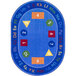 A multi-colored oval area rug with blue, numbers, and letters.