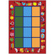 A red Joy Carpets area rug with colorful letters and numbers in different colored squares.