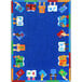 A multi-colored area rug with blue hands holding books with letters on them.