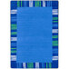 A white rectangular area rug with blue and green stripes.