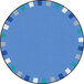 A Joy Carpets Kid Essentials On The Border soft round area rug with a blue circle border with white and grey squares.