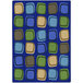 A white rectangular area rug with blue squares in different colors.