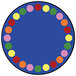 A multicolored round area rug with colorful circles on it.