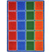 A colorful area rug with red and blue squares.