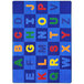 A blue rectangular area rug with letters and numbers in different colors.