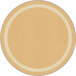 A round beige area rug with a white border.