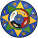 A multicolored circular rug with colorful designs including different symbols.