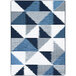 A close up of a Joy Carpets rectangular area rug with blue and grey triangles.