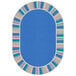 A light blue oval rug with a white border.