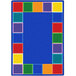 A colorful rectangular area rug with squares in blue, yellow, and pink.