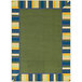A green area rug with blue and yellow stripes.