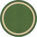 A round green rug with a white border.