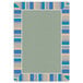 A Joy Carpets rectangular area rug with a white background and blue, green, and yellow border.