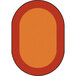 An oval orange rug with a red border and black accents.