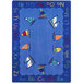 A multicolored rectangular area rug with blue, green, and white colors featuring sailboats and letters.