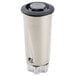A silver stainless steel container with a black lid.