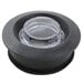 A stainless steel container with a clear plastic lid.