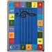 A multicolored Joy Carpets area rug with musical symbols including a treble clef and notes.
