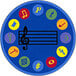 A multicolored round area rug with a blue border and yellow center. The rug features a blue circle with a treble clef and yellow and red symbols.