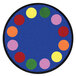 A Joy Carpets round area rug with colorful circles on a blue background.