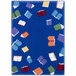 A multi-colored rectangle area rug with blue, red, and white squares, and books with blue covers.