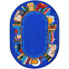 A multicolored oval rug with books in a design