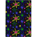 A black area rug with a colorful star pattern on it.