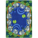 A multicolored rectangular area rug with a pattern of rocks, water, fish, and a turtle.