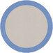 A blue and white round rug with a white border.