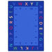 A blue rectangular rug with multicolored letters and numbers on a white background.