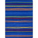 A blue rug with multicolored stripes in green, orange, and blue.