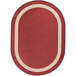 An oval wine red rug with a white border.