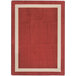 A white rectangular area rug with a red and beige border.