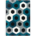 A blue rug with hexagons in blue and black.