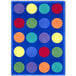 A multi-colored rectangle area rug with colorful circles on a blue background.