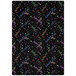 A black rectangular area rug with colorful confetti and streamers.