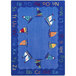 A blue rectangular area rug with green and red sailboats and letters on it.