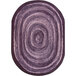 A close-up of a purple Joy Carpets oval area rug with a circular design.