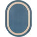 A blue and white oval rug with a white border.