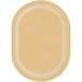 A beige oval rug with a white border.