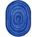 A blue oval rug with white swirls.