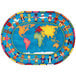A multi-colored oval area rug with a cartoon world map and cartoon people on it.
