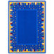 A rectangular multicolored rug with a blue border and a pattern of books and stars.