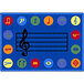 A multicolored rectangular area rug with a blue background and music notes and symbols in yellow and red circles.