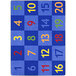 A blue rectangular area rug with yellow numbers and white text.