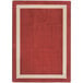 A red and white rectangular area rug with a beige border.