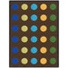 A brown rectangular area rug with blue circles on it.