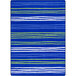 A white rectangle area rug with blue and green stripes.