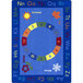 A multi-colored rectangle area rug with letters and numbers in colorful circles.