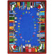 A multicolored rectangular area rug with a blue border featuring letters and numbers.
